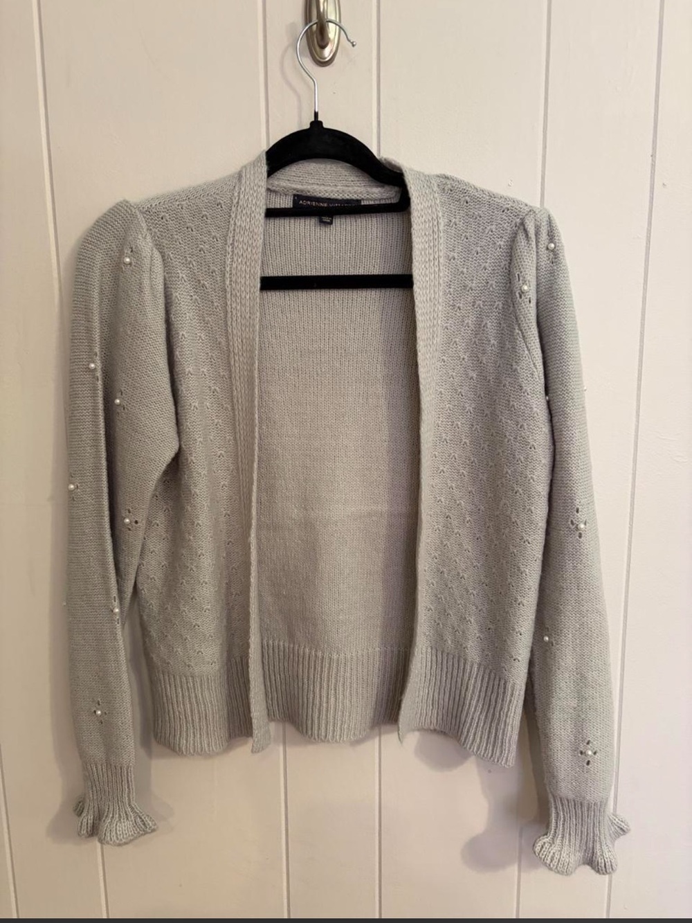 Adrienne Vittadini Light Gray Open-Front Cardigan with Pearl Accents